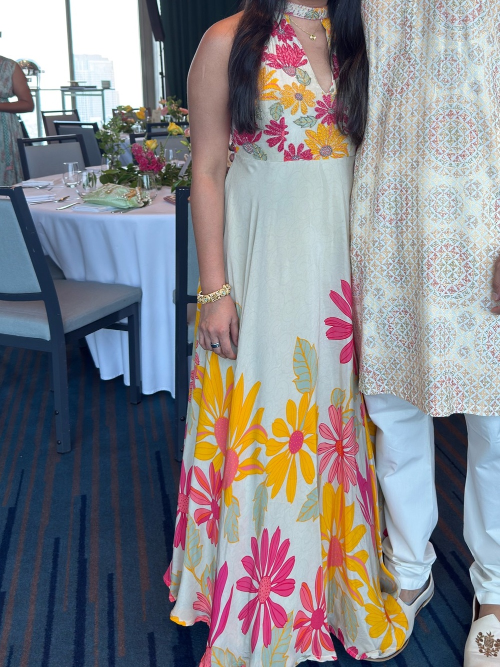Floral Halter Maxi Indian anarkali gown in Cream with Pink & Yellow Floral Print